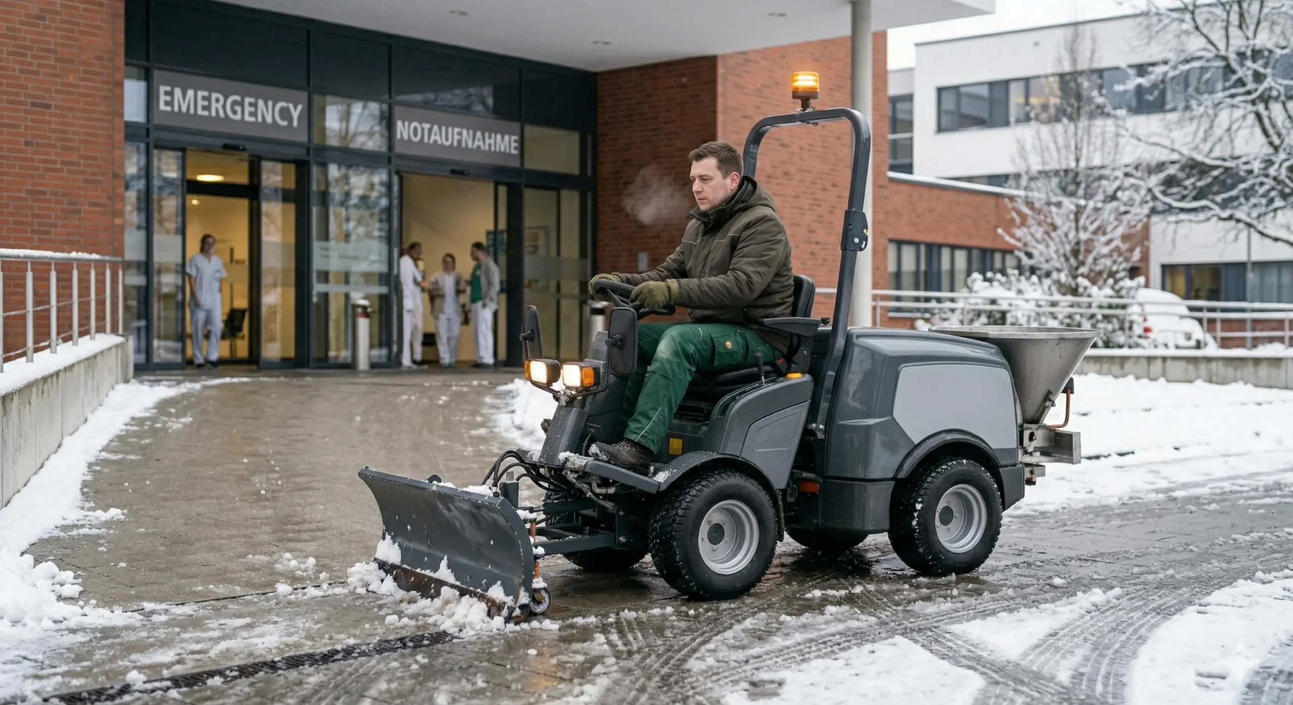 Winterdienst für Krankenhäuser und medizinische Einrichtungen durch Dienstleistungen Boudaka – Sicherheit für Patienten und Rettungswege.