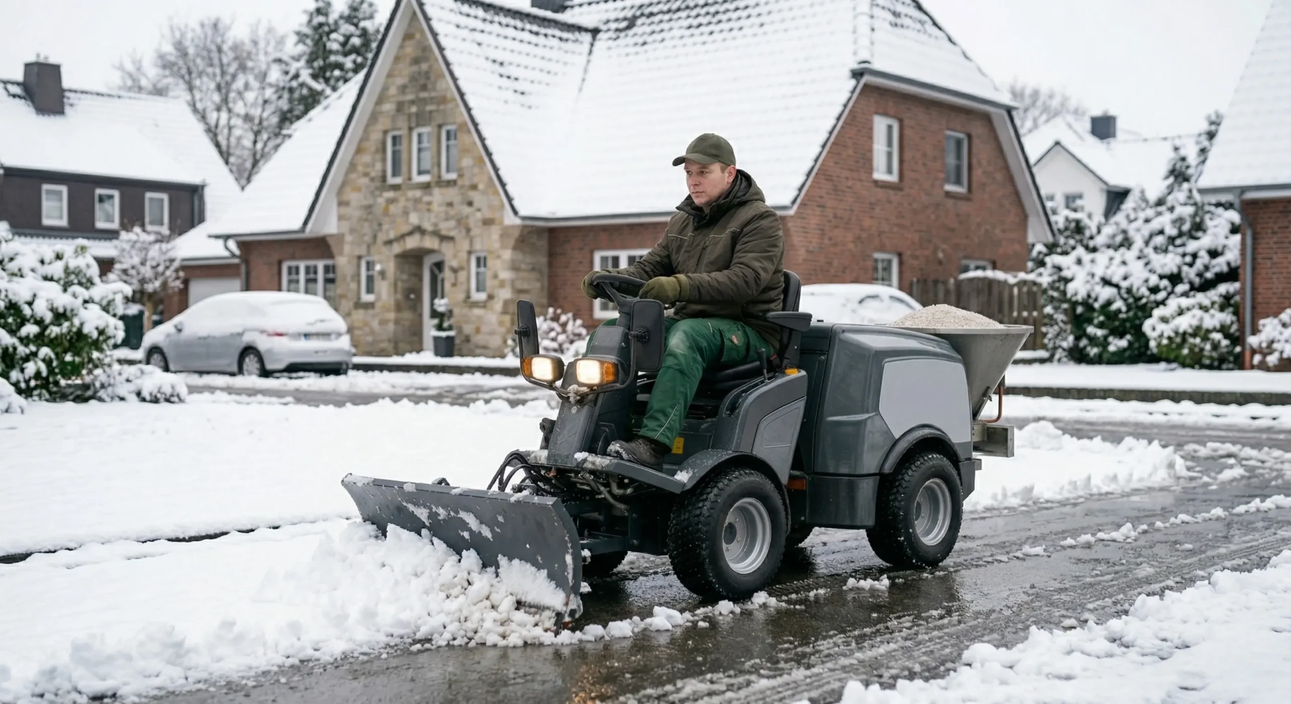 Winterdienst für Privathaushalte durch Dienstleistungen Boudaka – Sicherung von Gehwegen und Hauseingängen.