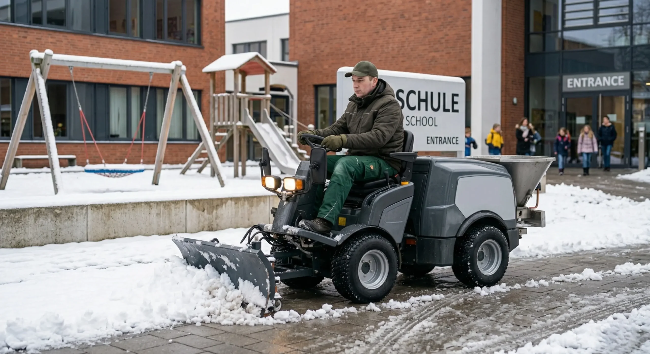 Winterdienst für Schulen und Bildungseinrichtungen durch Dienstleistungen Boudaka – Sicherheit auf dem gesamten Schulgelände.