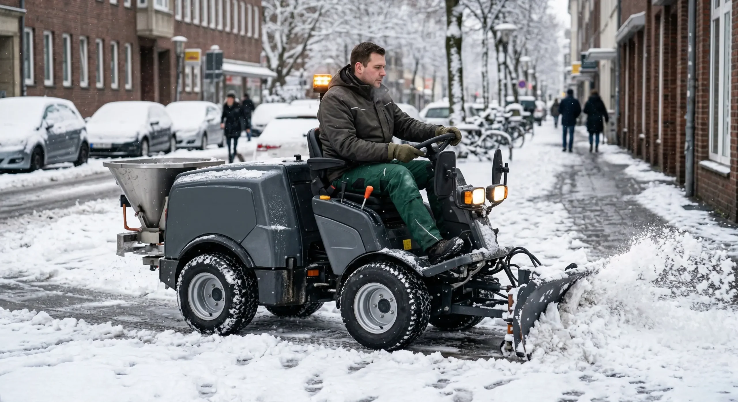 Winterdienst durch Dienstleistungen Boudaka für geräumte Wege, sichere Zugänge und betreute Außenflächen bei Schnee und Glätte.