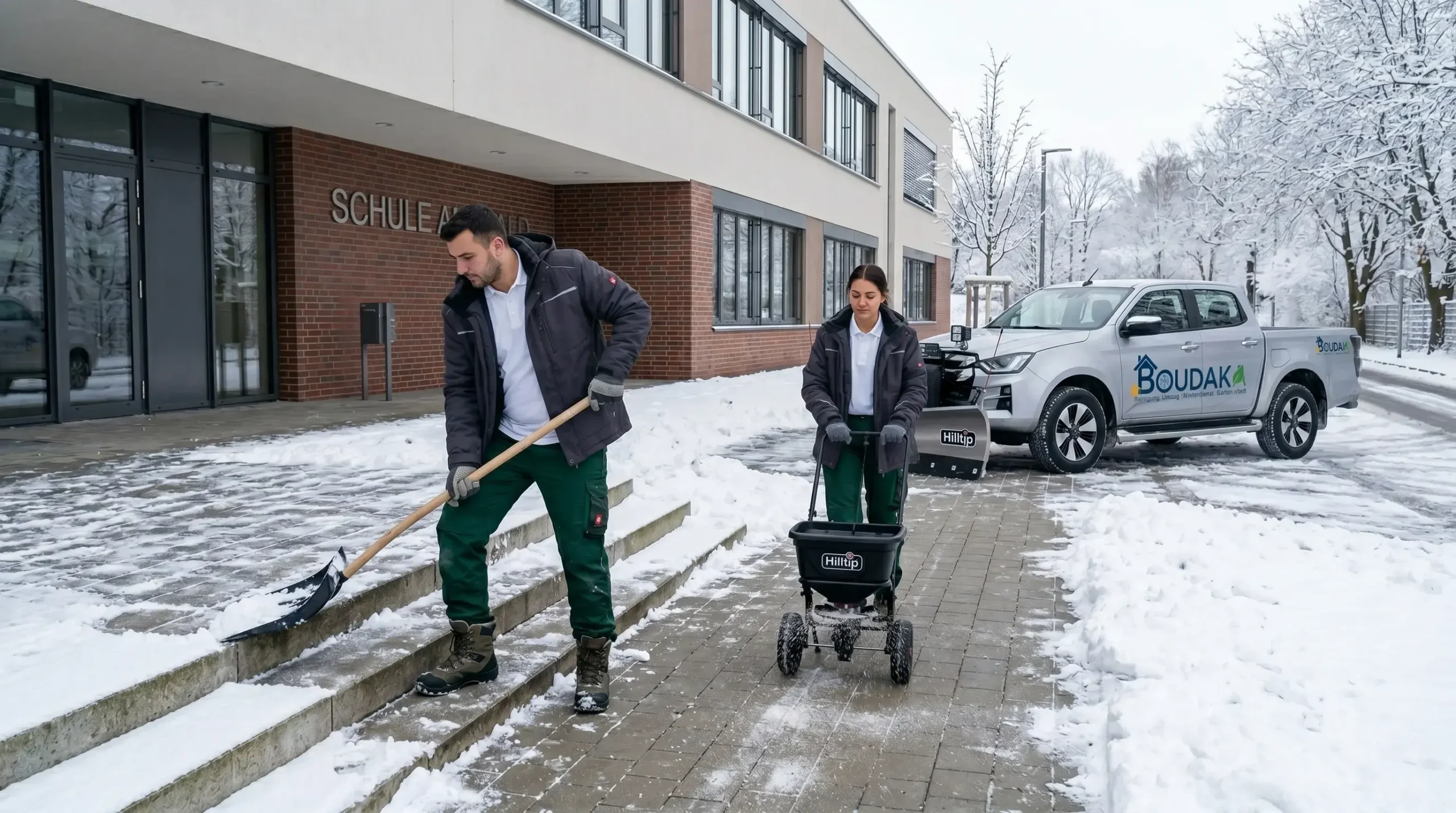 Winterdienst für Schulen und Bildungseinrichtungen durch Dienstleistungen Boudaka – Sicherheit auf dem gesamten Schulgelände.