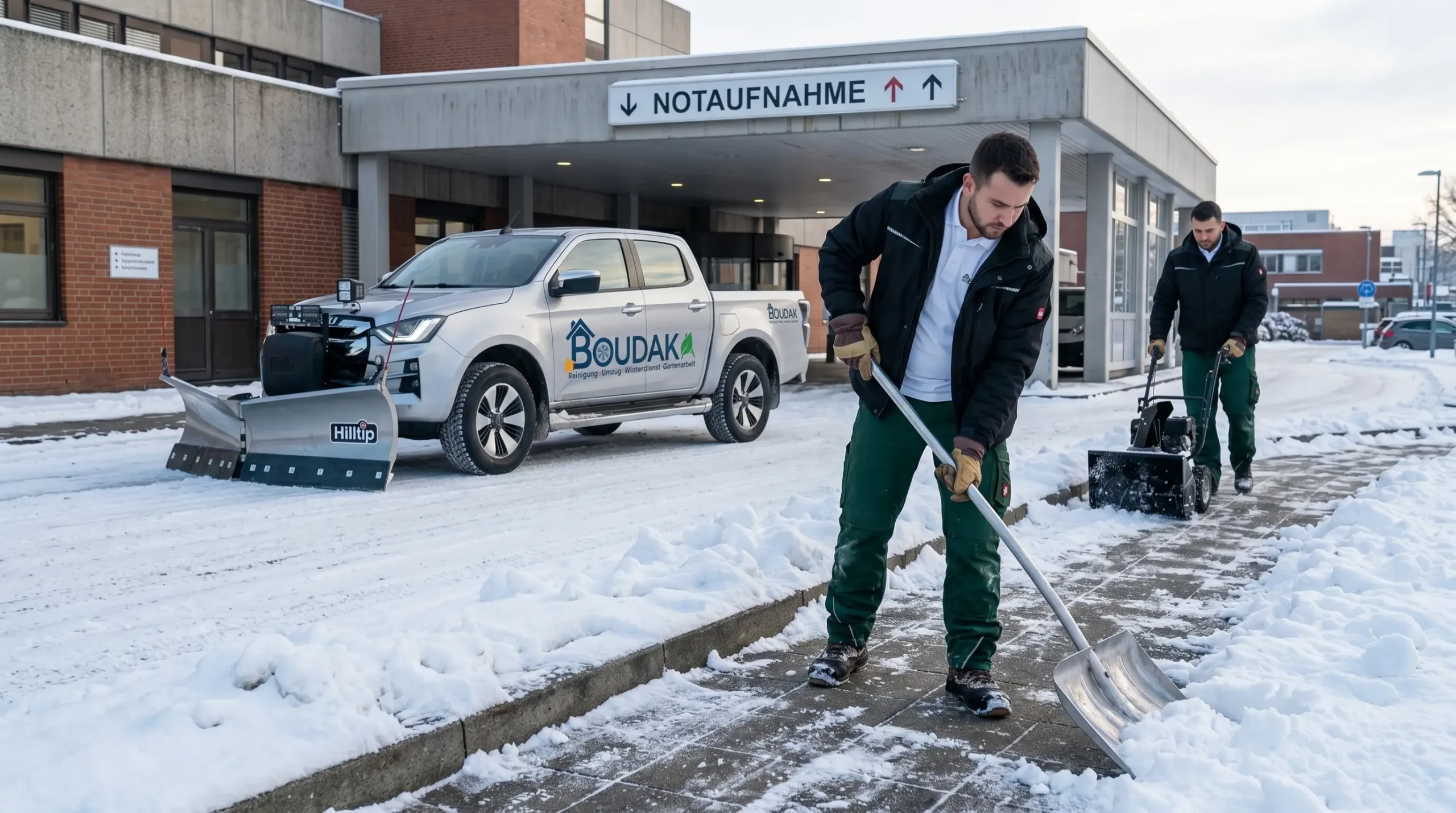 Winterdienst für Krankenhäuser und medizinische Einrichtungen durch Dienstleistungen Boudaka – Sicherheit für Patienten und Rettungswege.
