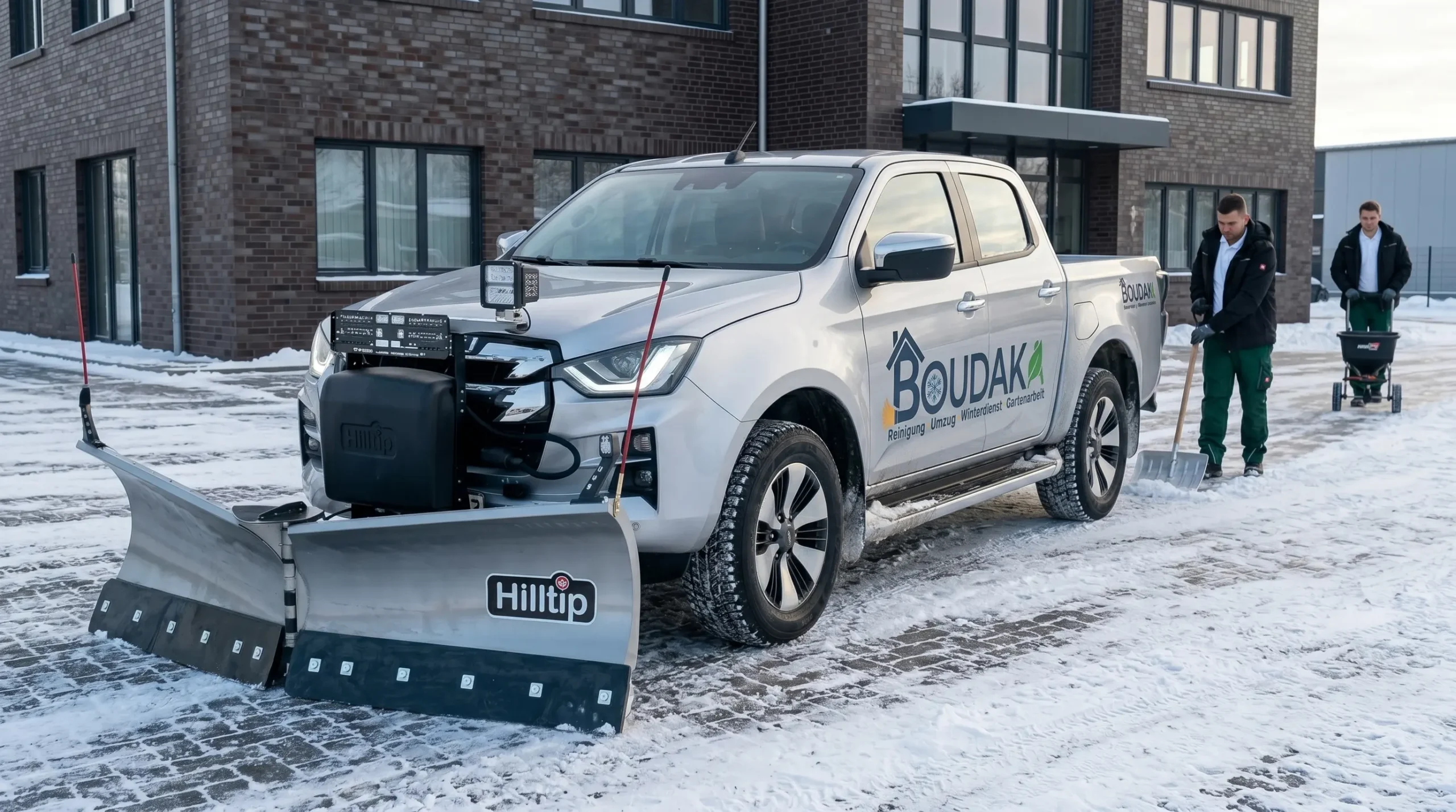 Winterdienst durch Dienstleistungen Boudaka für geräumte Wege, sichere Zugänge und betreute Außenflächen bei Schnee und Glätte.