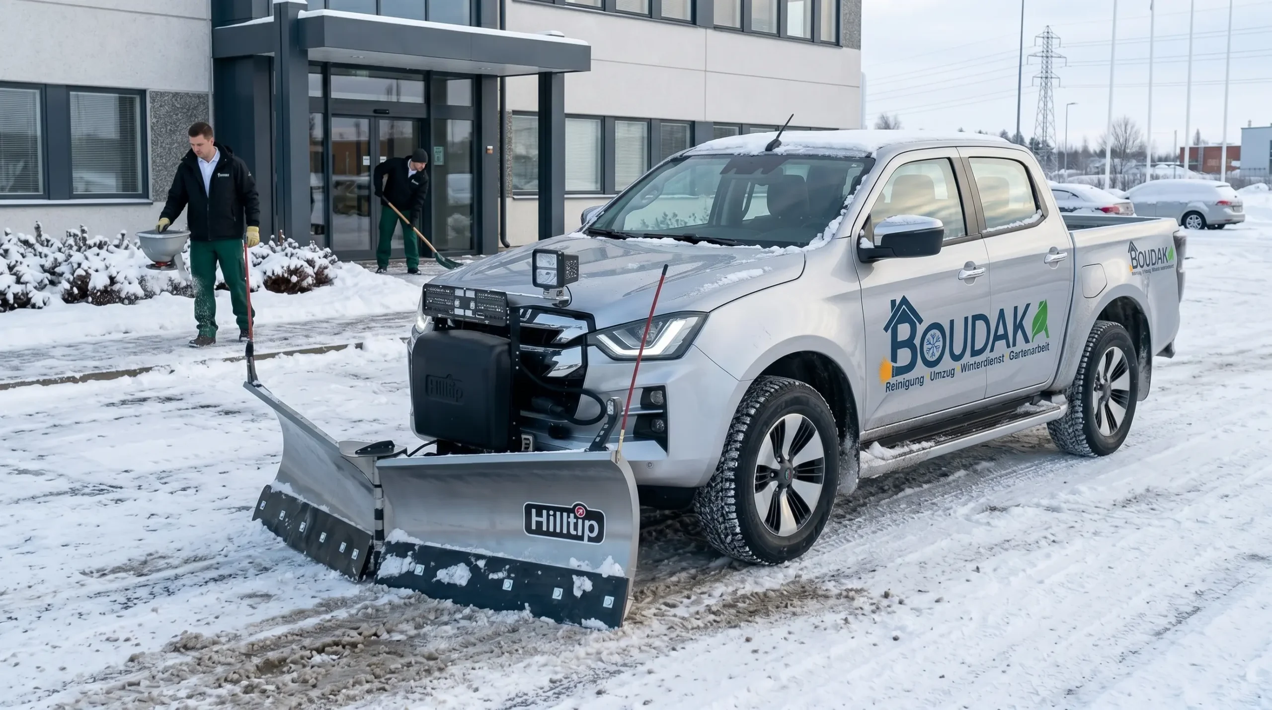 Gewerblicher Winterdienst durch Dienstleistungen Boudaka – Professionelle Räumung von Firmenparkplätzen und Logistikflächen.